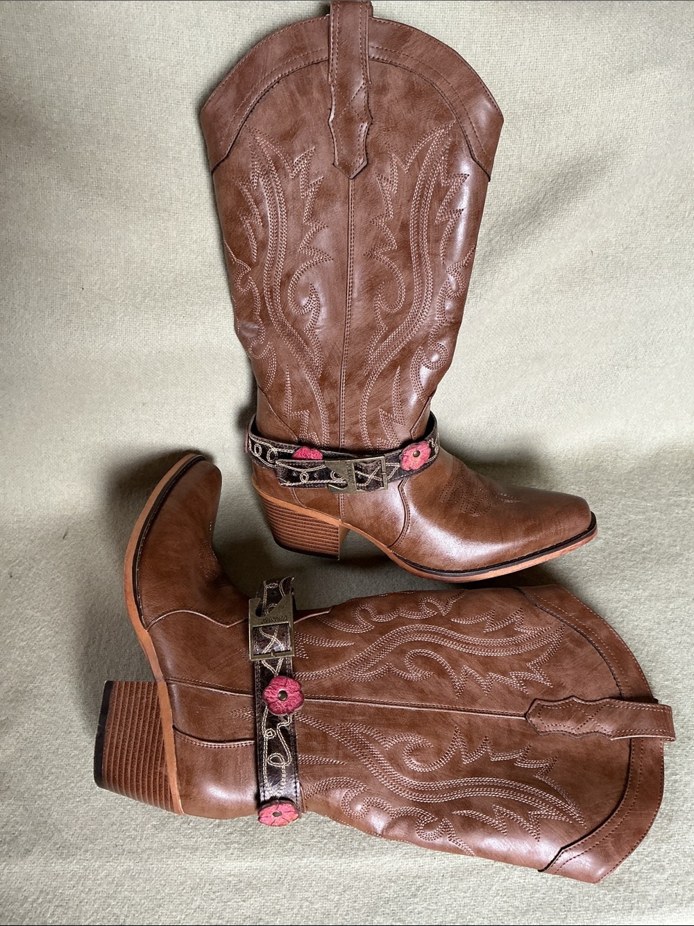 Brown Women's Western Heeled Boots with Floral Harness Accent